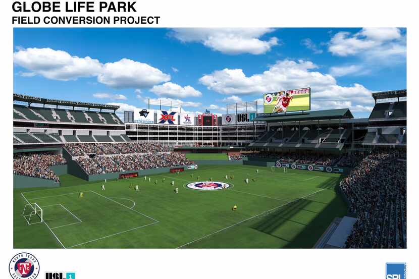 Renderings of Globe Life Park in its configuration for North Texas Soccer Club.