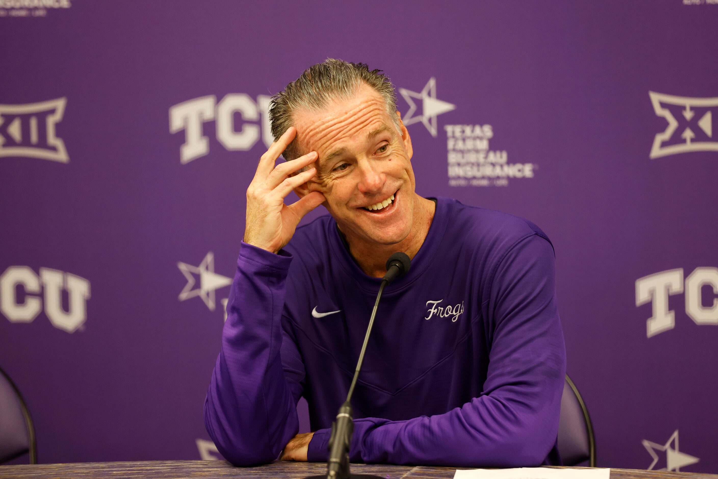 TCU head coach Jamie Dixon talks the media after they defeated Texas Tech 69-66 during ...