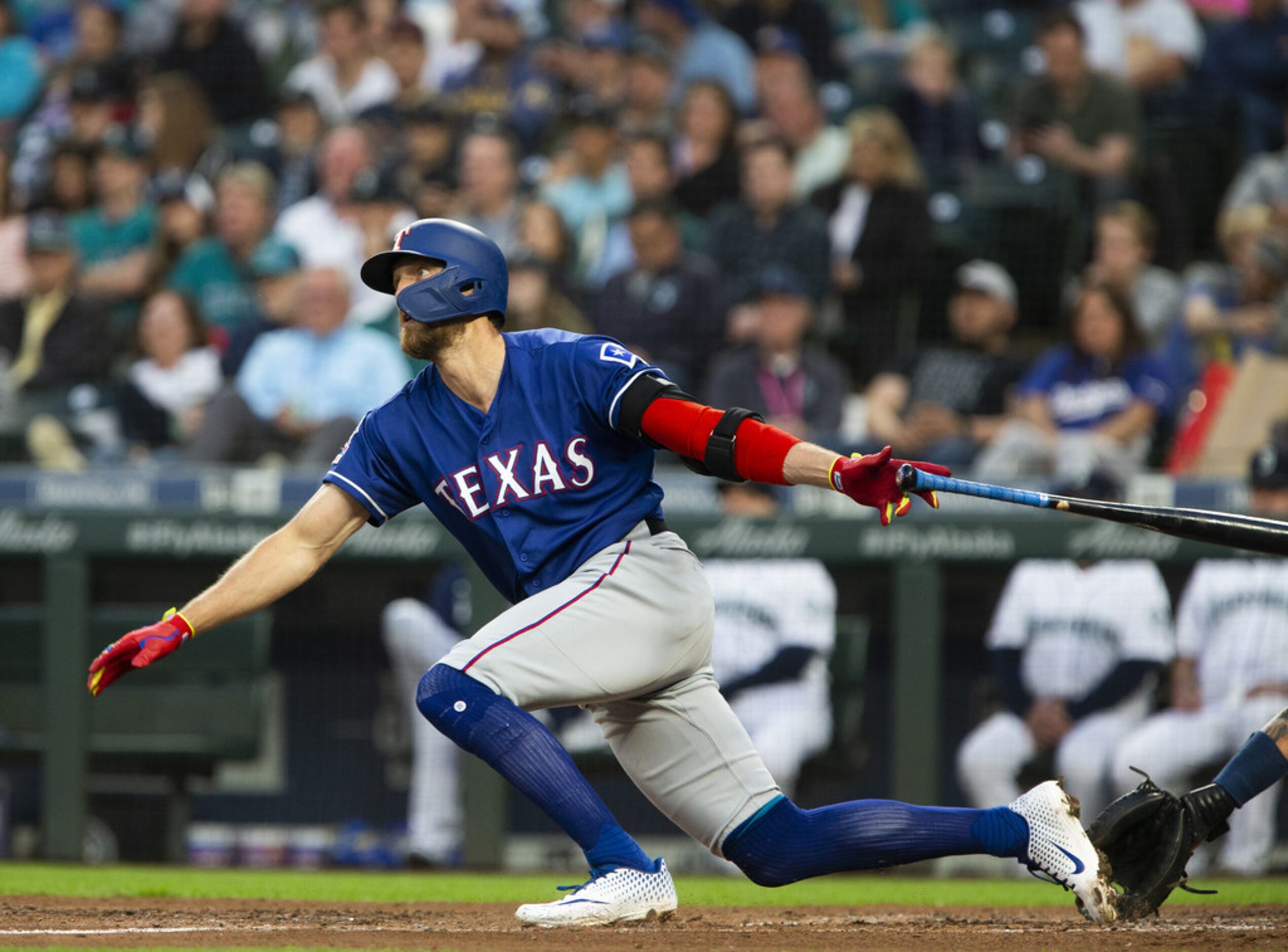 SEATTLE, WA - MAY 28:  Hunter Pence #24 of the Texas Rangers follows through on a two-run...