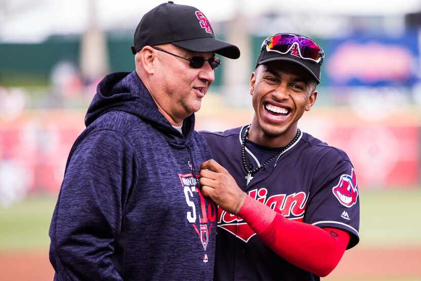GOODYEAR, AZ - FEBRUARY 23:  Francisco Lindor #12  of the Cleveland Indians shares a laugh...