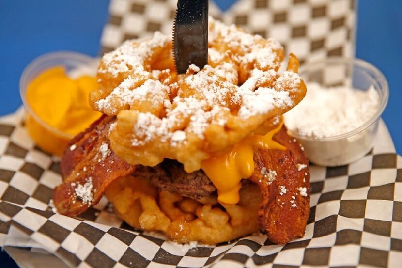 Funnel Cake Bacon Queso Burger won Best Taste - Savory and Most Creative at the State Fair...