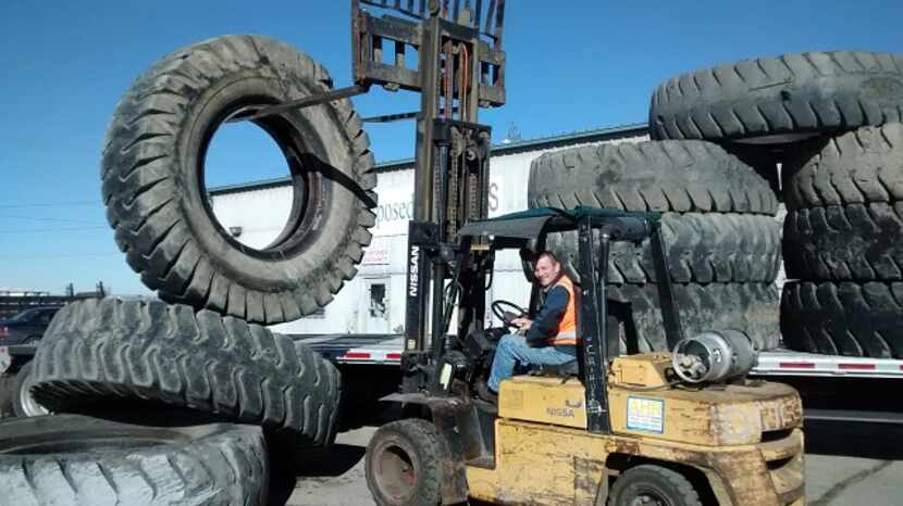 
Mining tires, being unloaded at the RepurposedMaterials yard in Colorado, could be destined...