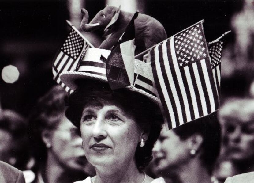 Alternate delegate Mildred Thodos of Corpus Christi donned this patriotic chapeau Tuesday...