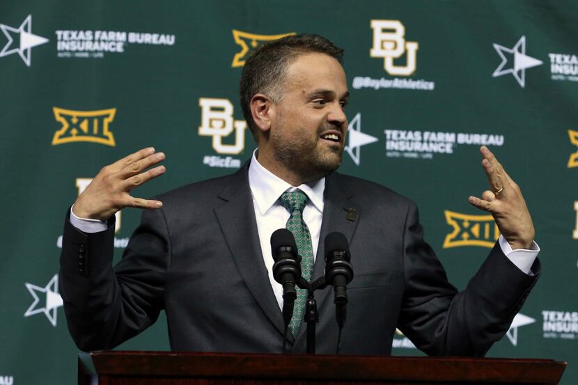 Matt Rhule speaks after being introduced as Baylor University's new football coach during a...