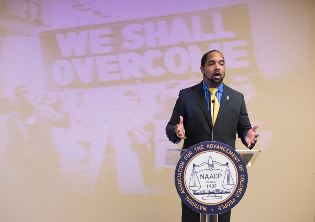 Aubrey Hooper speaks to the audience before being sworn in as the Dallas NAACP President at...