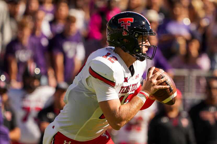 Texas Tech quarterback Tyler Shough (12) looks to pass during the second half of an NCAA...
