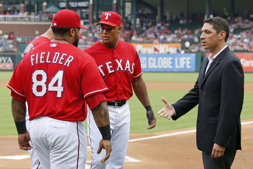 Texas Rangers designated hitter Prince Fielder (84) and third baseman Adrian Beltre (29)...