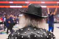 Jimmy Goldstein watches the teams warm up before Game 4 of the NBA basketball Western...