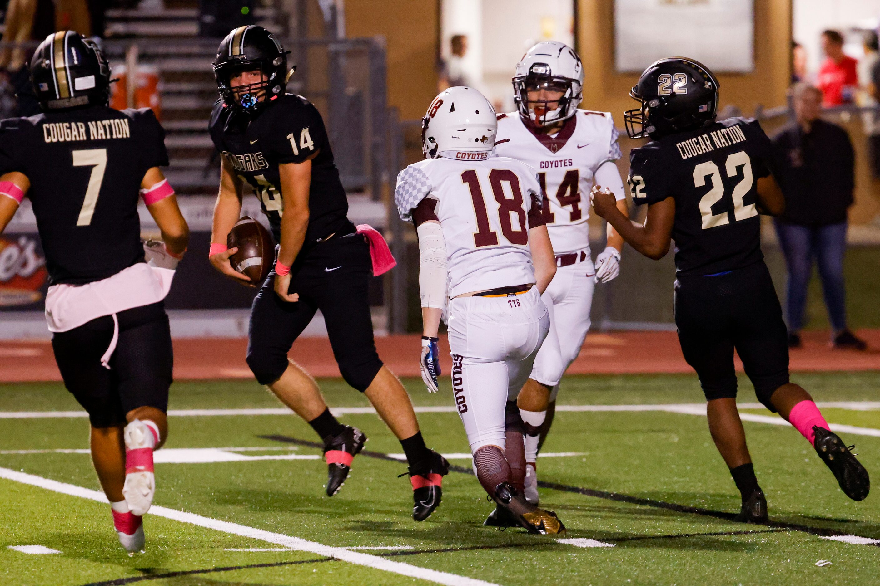 The Colony’s running back Caden Chaulk (14) celebrates a long run during the first quarter...