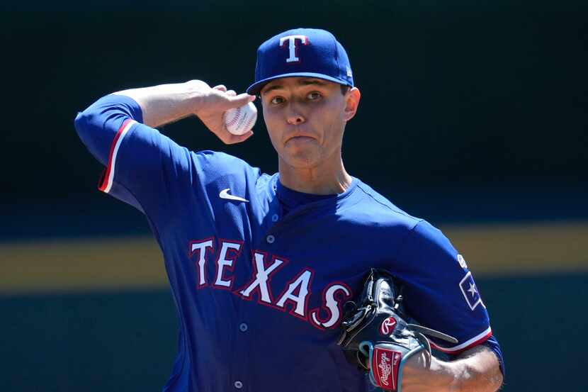 Texas Rangers pitcher Jack Leiter threw against the Detroit Tigers in the first inning of a...