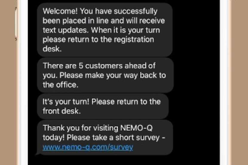 A sample text message from the NEMO-Q system. The McKinney company is working with stadium...