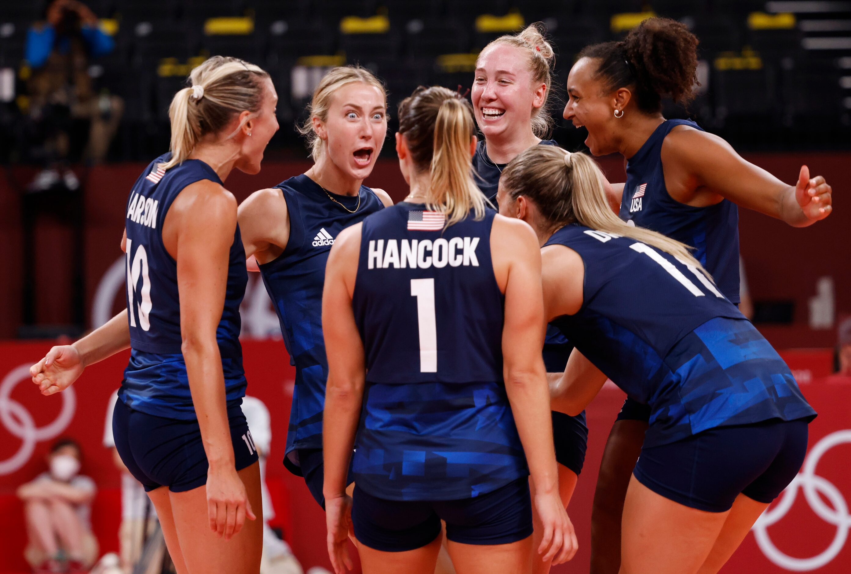 USA’s Kimberly Hill (15) after serving an ace in a game against the Dominican Republic...