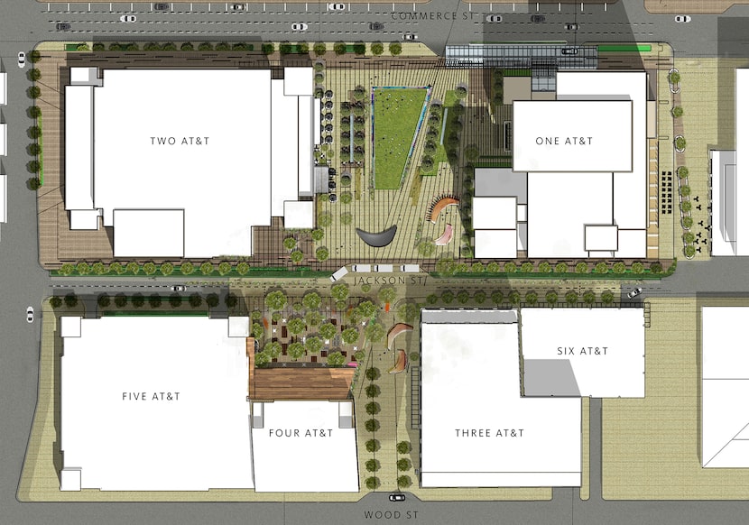 AT&T's downtown campus takes up four blocks and has six office and parking buildings.