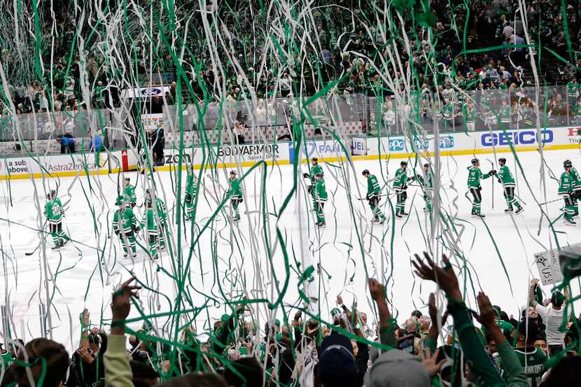 Dallas Stars celebrate their 5-3 victory against Colorado Avalanche after the Game 2 of an...