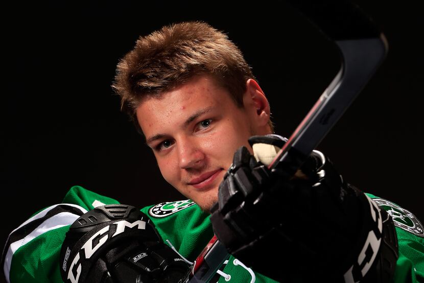 Valeri Nichushkin poses for a portrait after being selected number ten overall in the first...