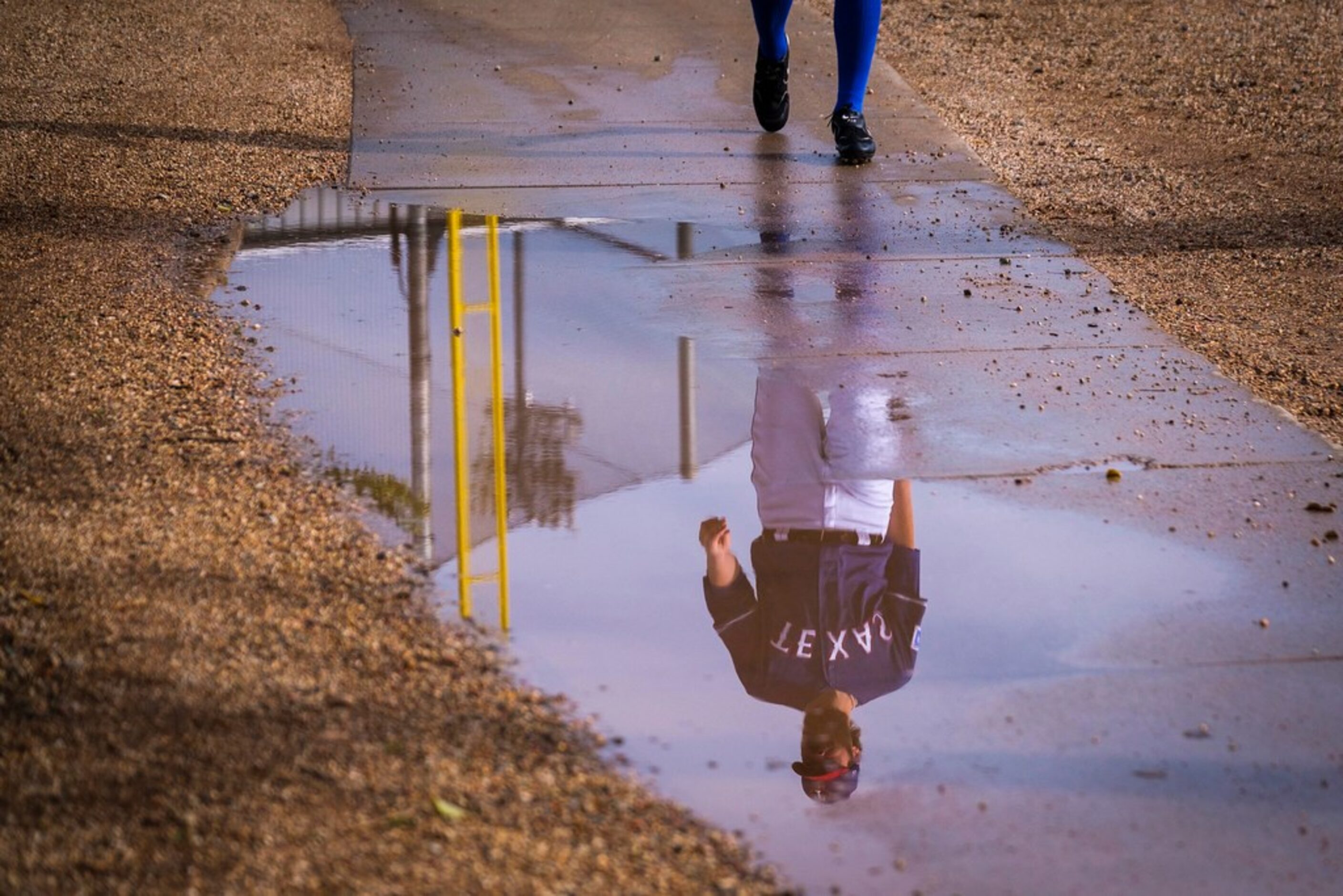 Texas Rangers pitcher Tim Dillard dodges a puddle as he heads for the back fields for a...