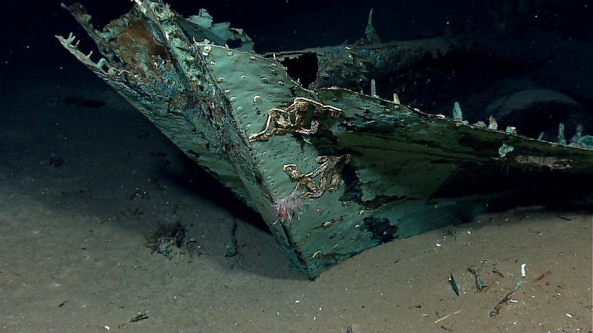 This photo provided by the NOAA Okeanos Explorer Program shows oxidized copper hull...