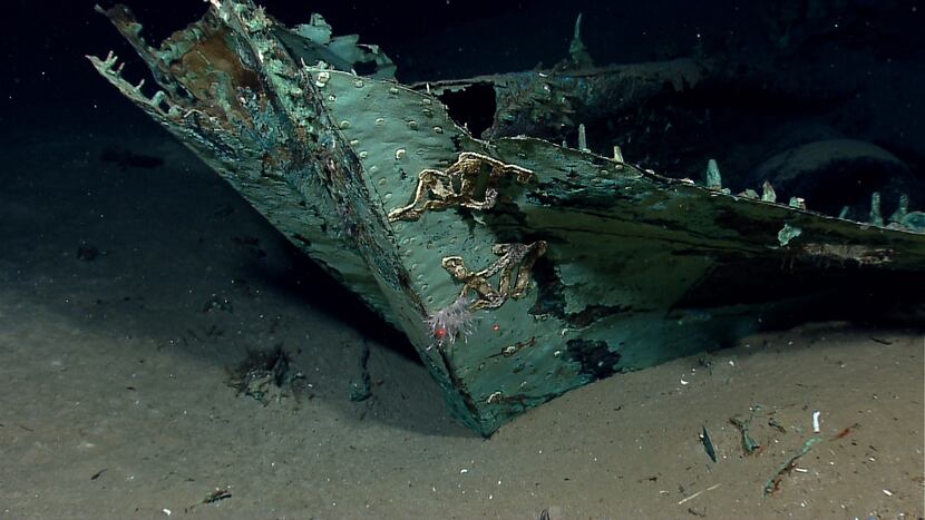 This photo provided by the NOAA Okeanos Explorer Program shows oxidized copper hull...