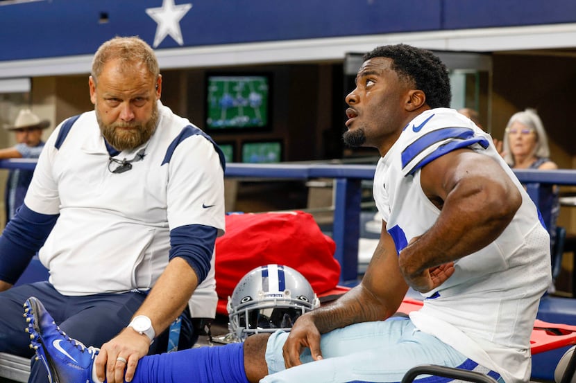 Dallas Cowboys cornerback Jourdan Lewis (2) is taken off the field on a cart after suffering...