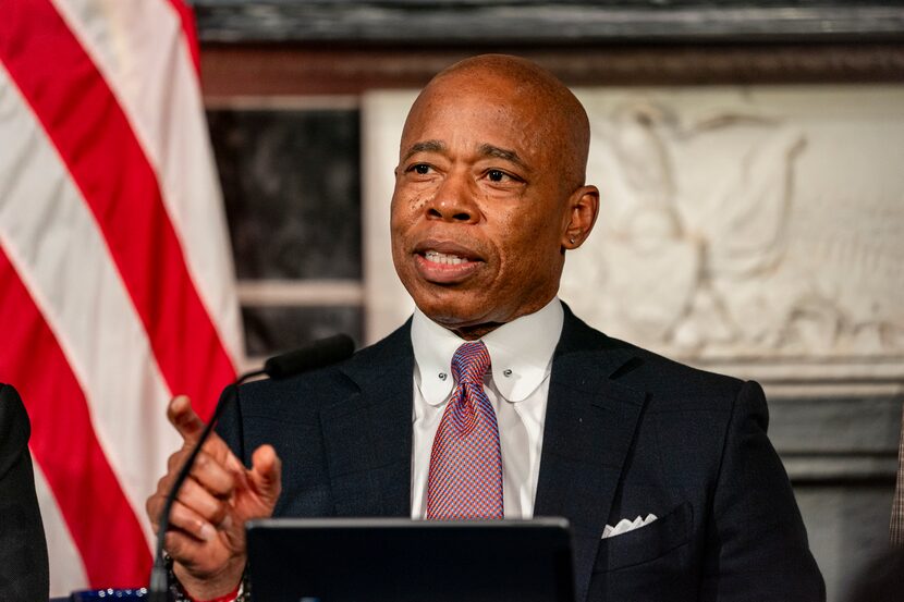 FILE - New York City Mayor Eric Adams speaks during a news conference, Dec. 12, 2023, in New...