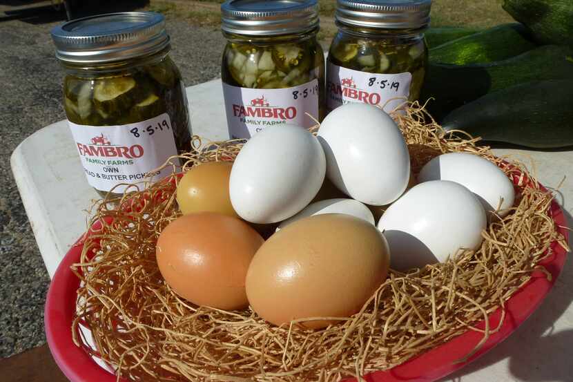 Fambro Family Farms from Breckenridge brings eggs, jarred pickles, eggplant, tomatoes and okra.