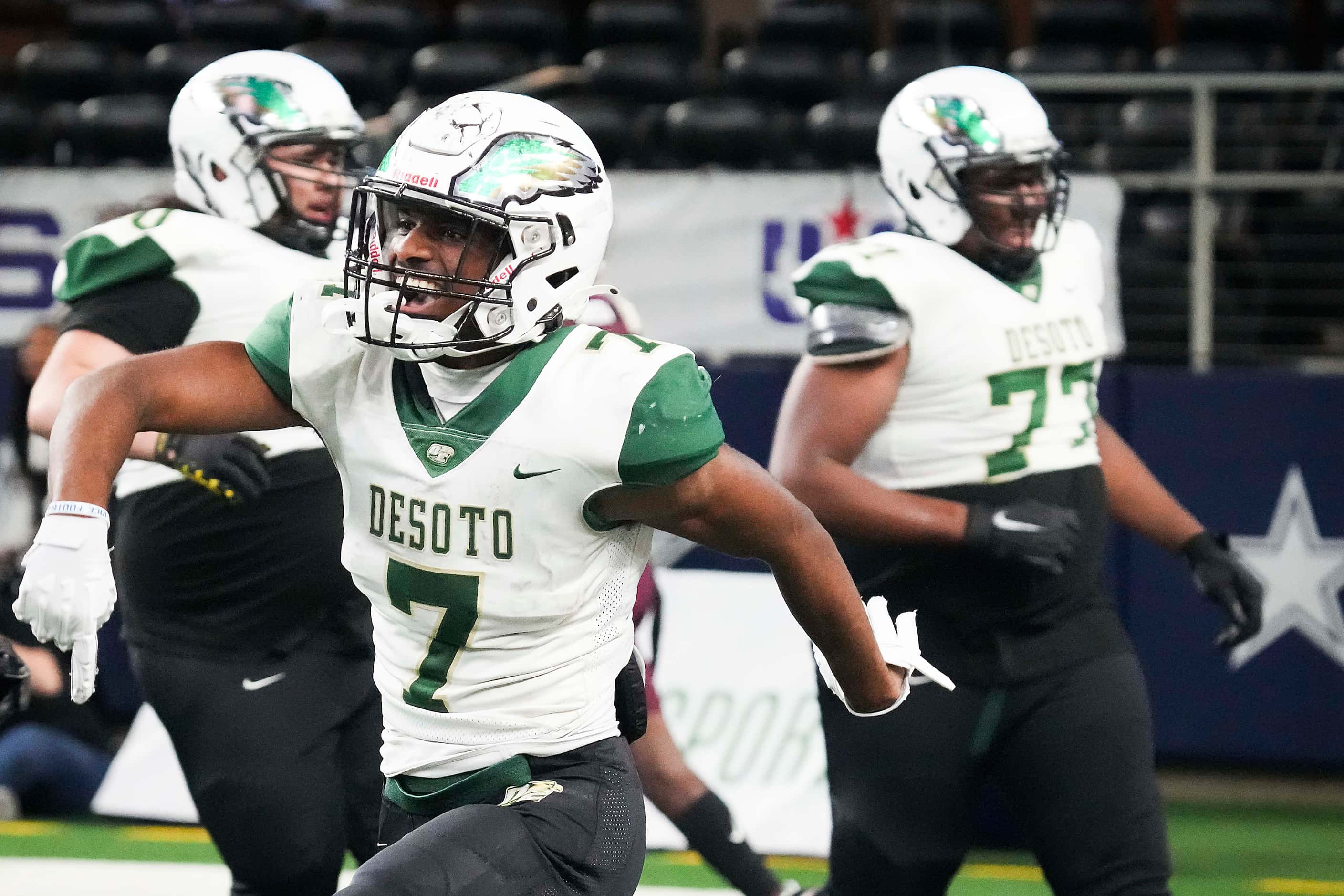 DeSoto wide receiver Antonio Pride (7) celebrates after catching a touchdown pass during the...