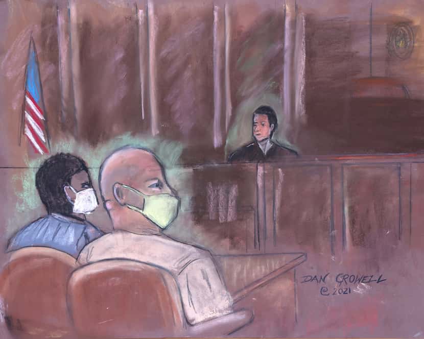 A courtroom sketch by artist Dan Crowell during detention hearing of Larry Brock at the...