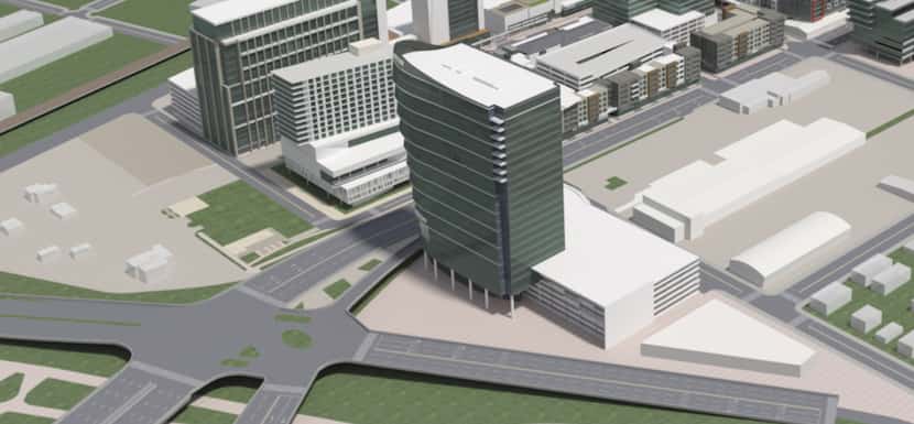 One of the buildings planned at Trinity Groves is a 400-foot-tall office tower overlooking...