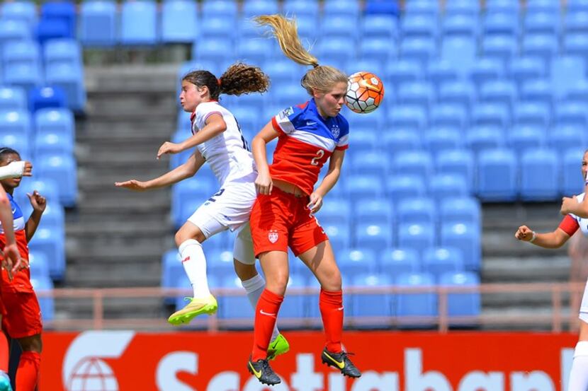 US U17 midfielder Taryn Torres contests a header with Costa Rica's Maria Paula Salas