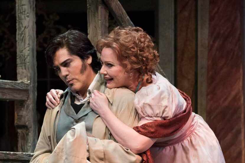 
Giancarlo Monsalve (Mario Cavaradossi) and Emily Magee (Floria Tosca) play lovers in Tosca,...