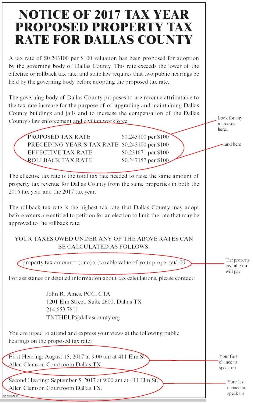 The Watchdog shows how to read a property tax rate notice using, as an example, this 2017...