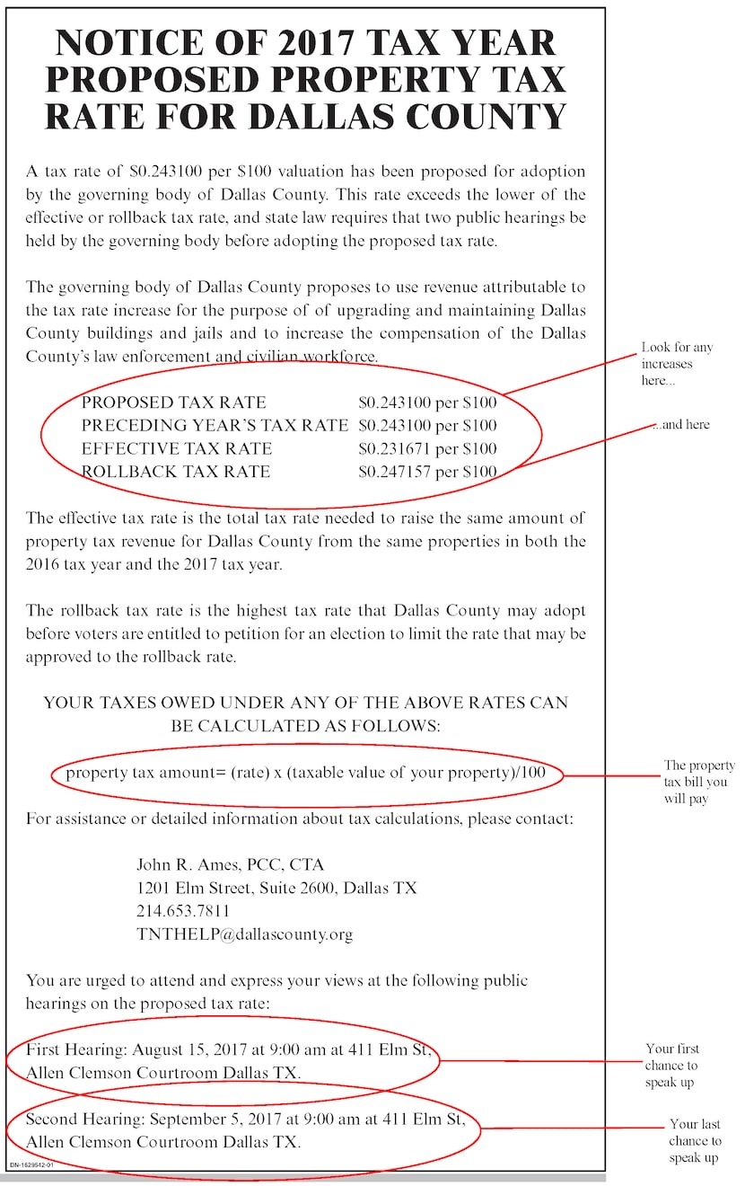 The Watchdog shows how to read a property tax rate notice using, as an example, this 2017...