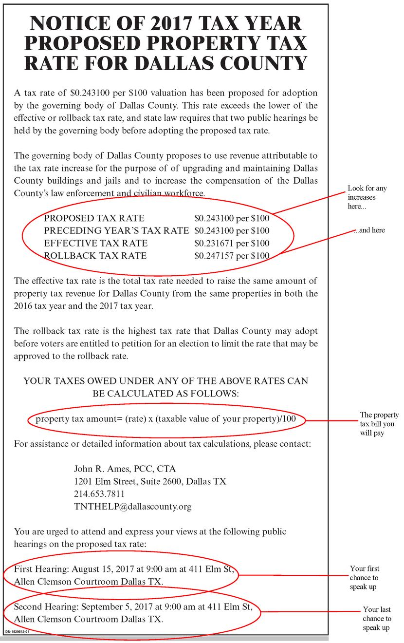 The Watchdog shows how to read a property tax rate notice using, as an example, this 2017...