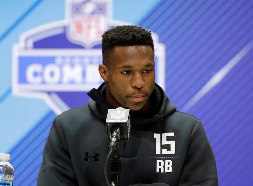 North Carolina State running back Nyheim Hines speaks during a press conference at the NFL...