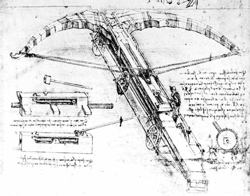 Leonardo Da Vinci's design for a giant crossbow. From Walter Isaacson's Leonardo Da Vinci. 