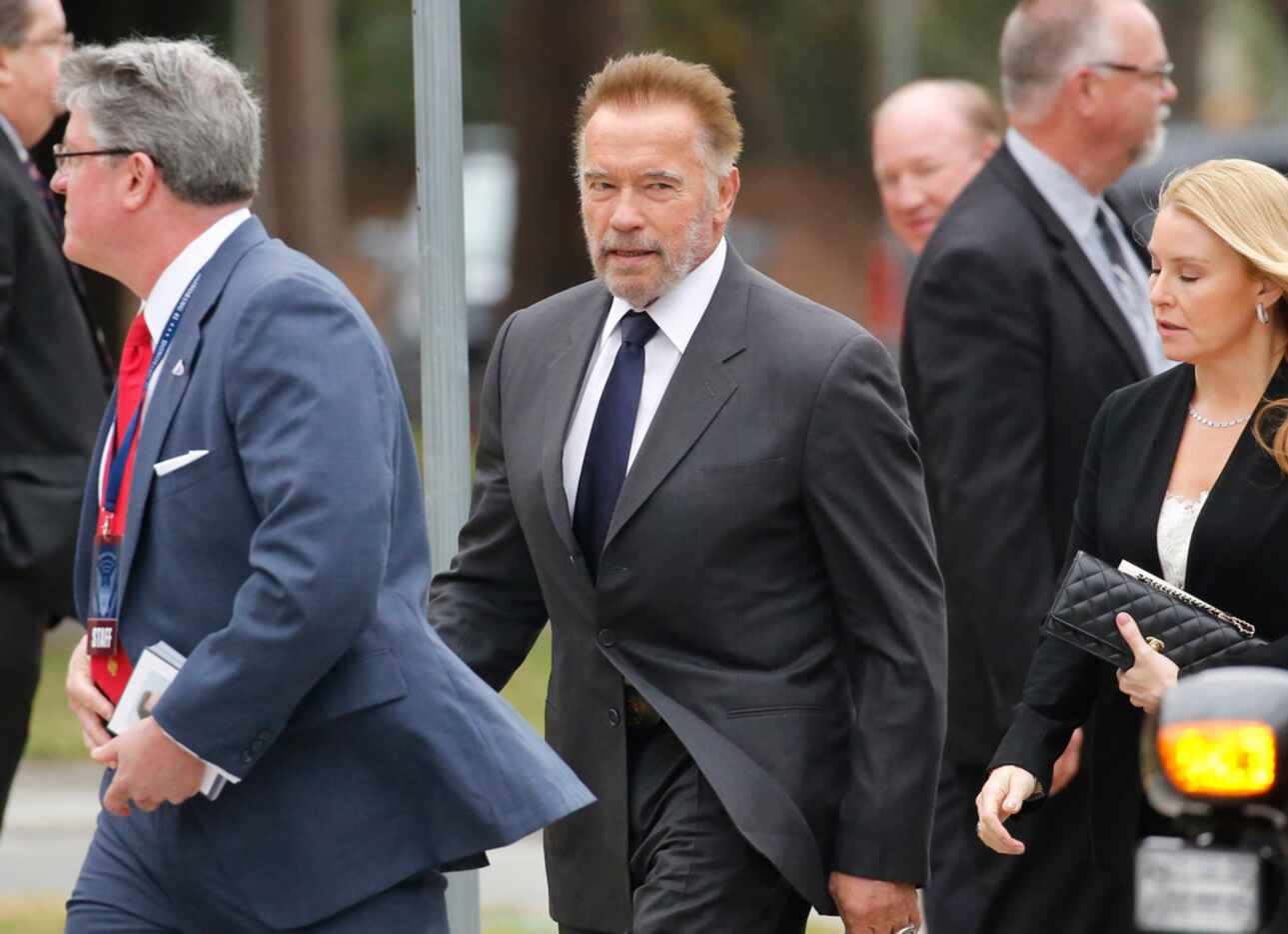 Actor Arnold Schwarzenegger arrived at the funeral service for George H.W. Bush at St....