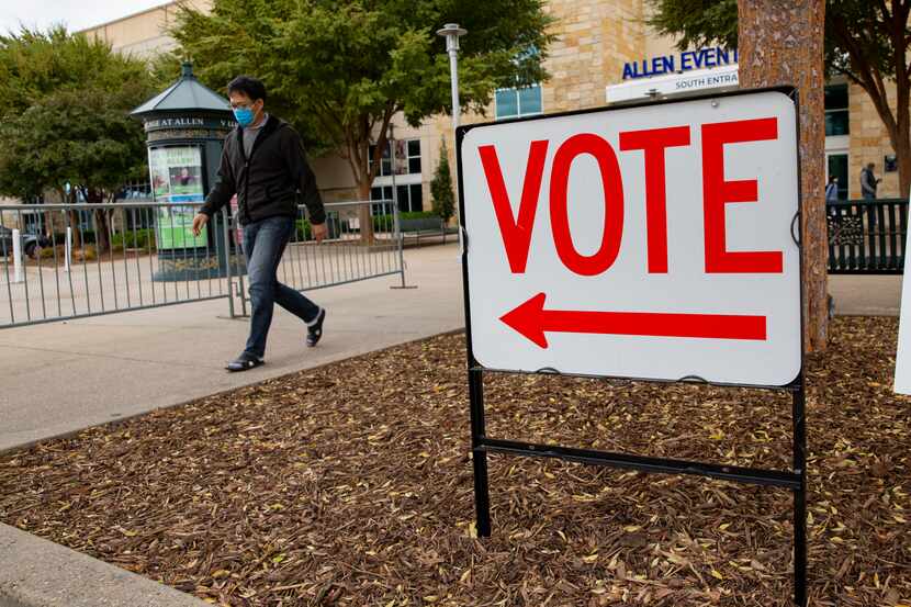 A voting sign at the Allen Event Center is displayed on Oct. 29, 2020. Two propositions...
