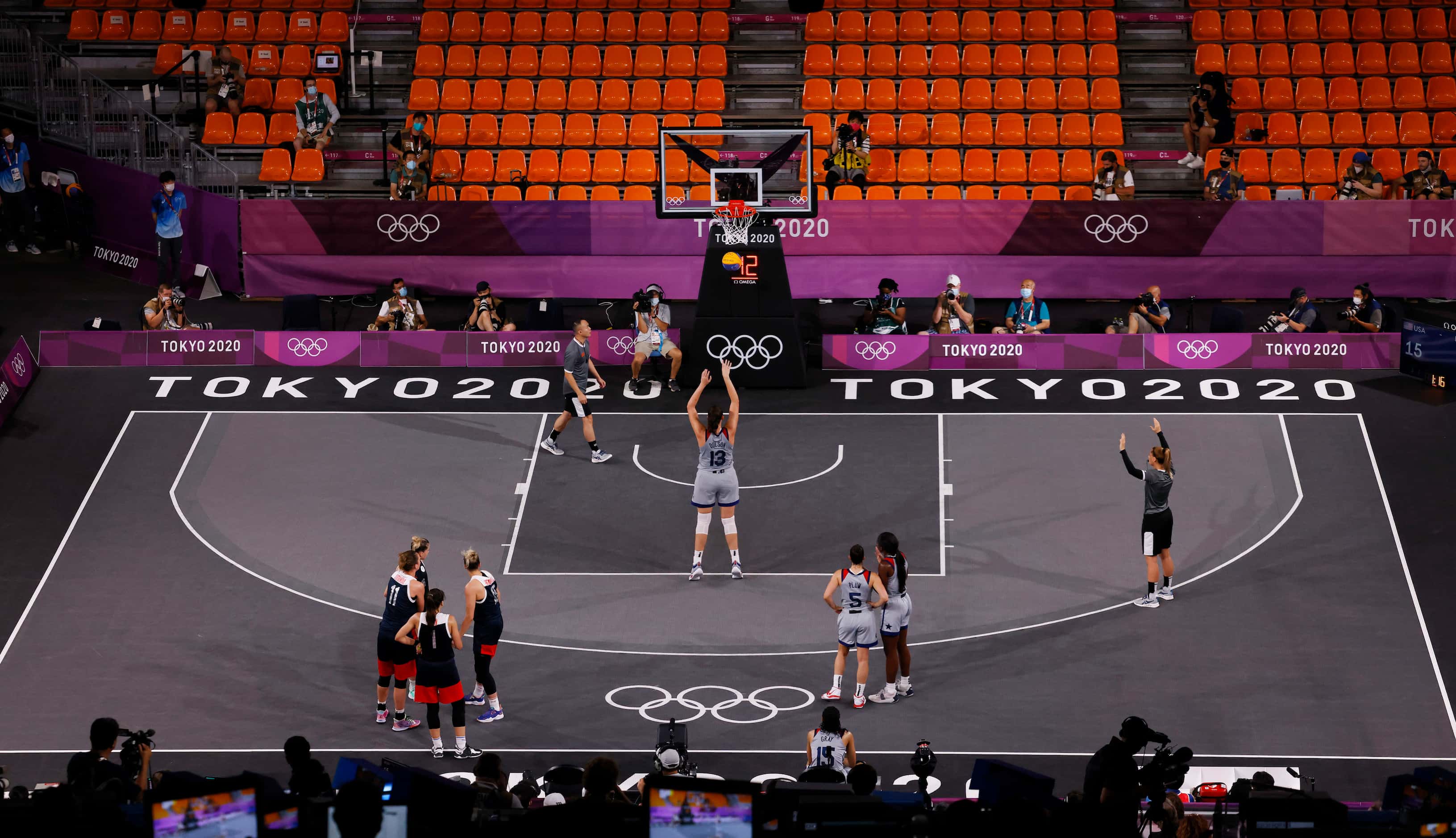 USA’s shoots and makes a free throw late in a game against ROC during the 3x3 women’s...