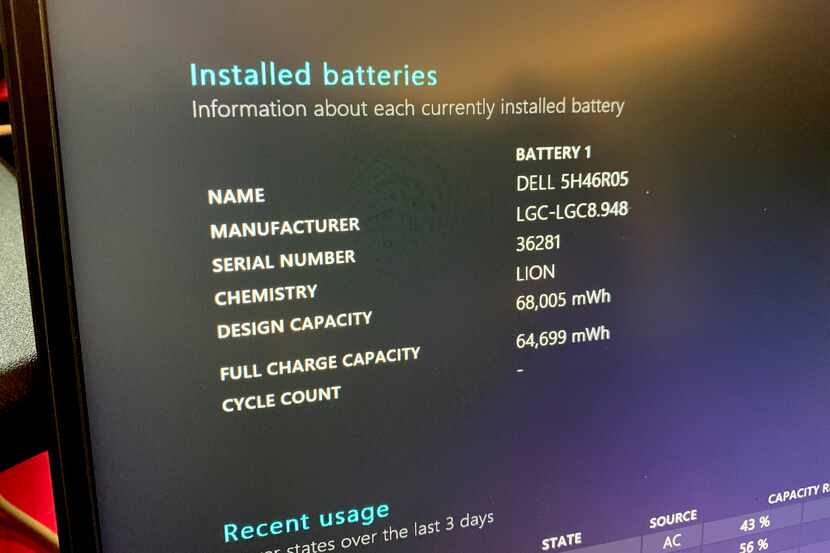The battery report from Windows PowerShell. This report shows no battery cycles because the...