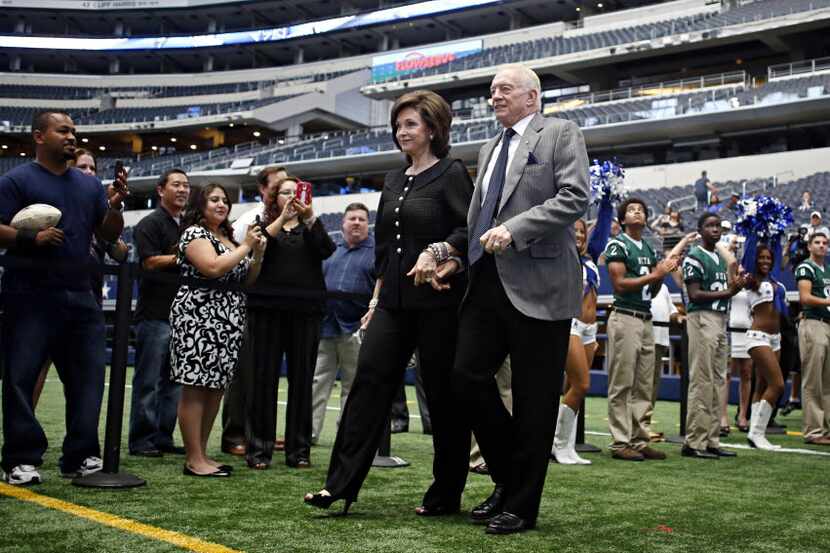 Dallas Cowboys owner Jerry Jones (right) and his wife, Gene Jones, are introduced during the...