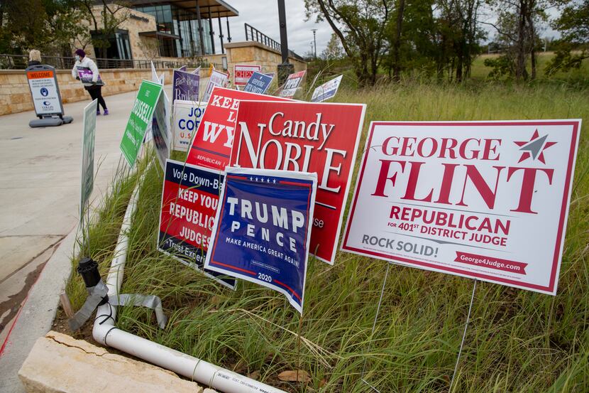 Political signs at the Collin College campus in Wylie photographed on Thursday, Oct. 29,...