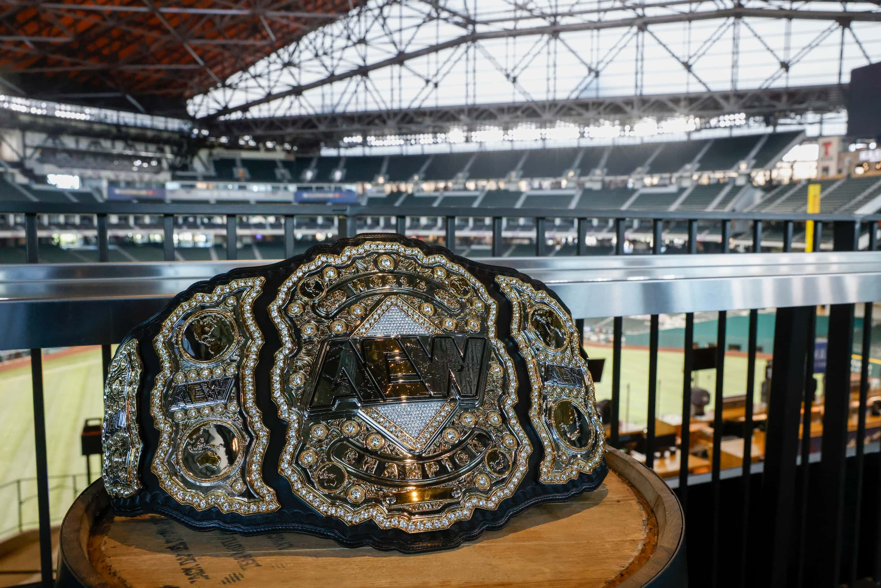 An AEW championship belt is seen before the announcement of a pay-per-view event “All In...