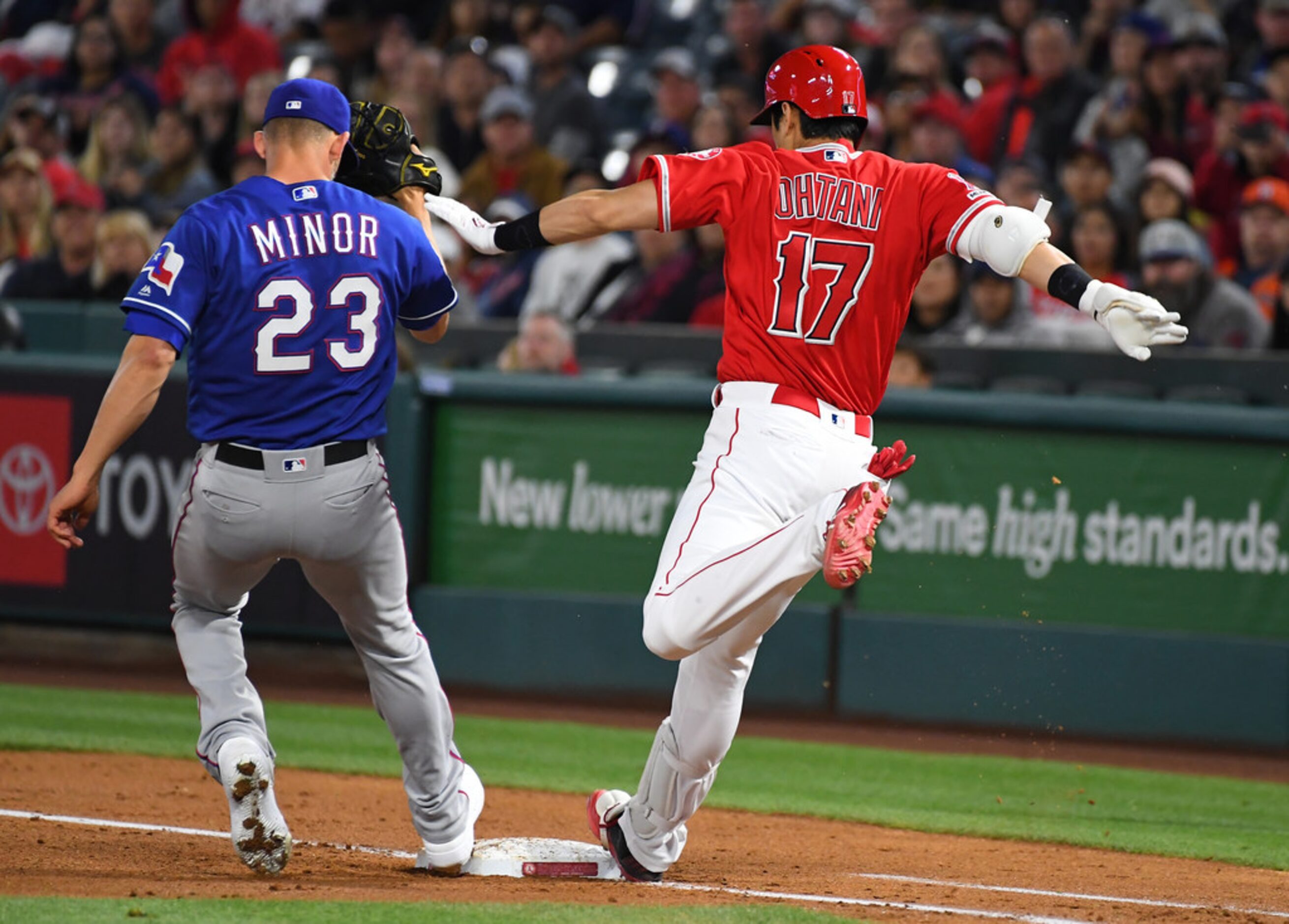 ANAHEIM, CA - MAY 25: Shohei Ohtani #17 of the Los Angeles Angels of Anaheim beat the throw...