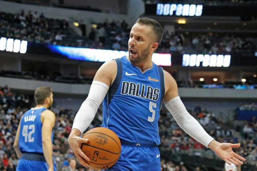 Dallas Mavericks guard J.J. Barea (5) questions an official's call in the second half during...