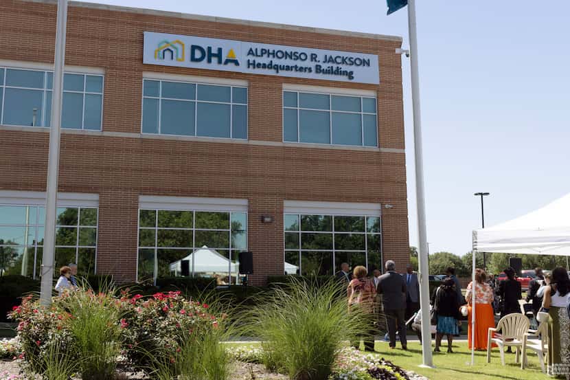 The Dallas Housing Authority’s Alphonso Jackson Headquarters Building sign is seen after its...