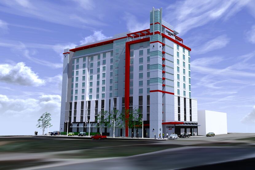 The 12-story Courtyard by Marriott is being built at Houston and Wood streets.