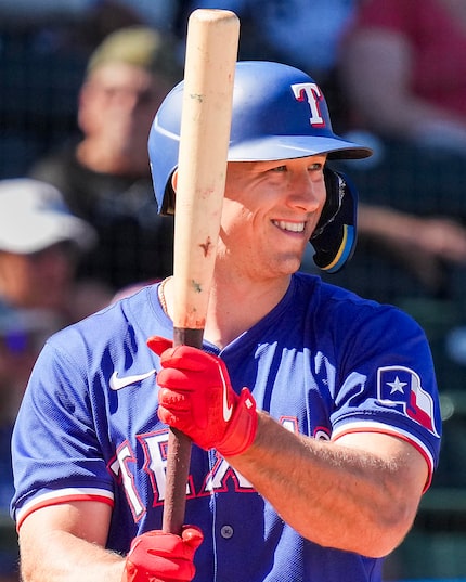 Texas Rangers outfielder Wyatt Langford steps to the plate during the third inning of a...