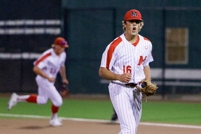 Flower Mound Marcus pitcher Tate Evans (16) celebrates after the final out of game one of a...