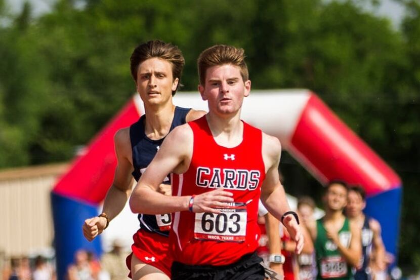 Fort Worth Christian's Carter Cheeseman leads the 5A boys 800-meter run during the TAPPS...