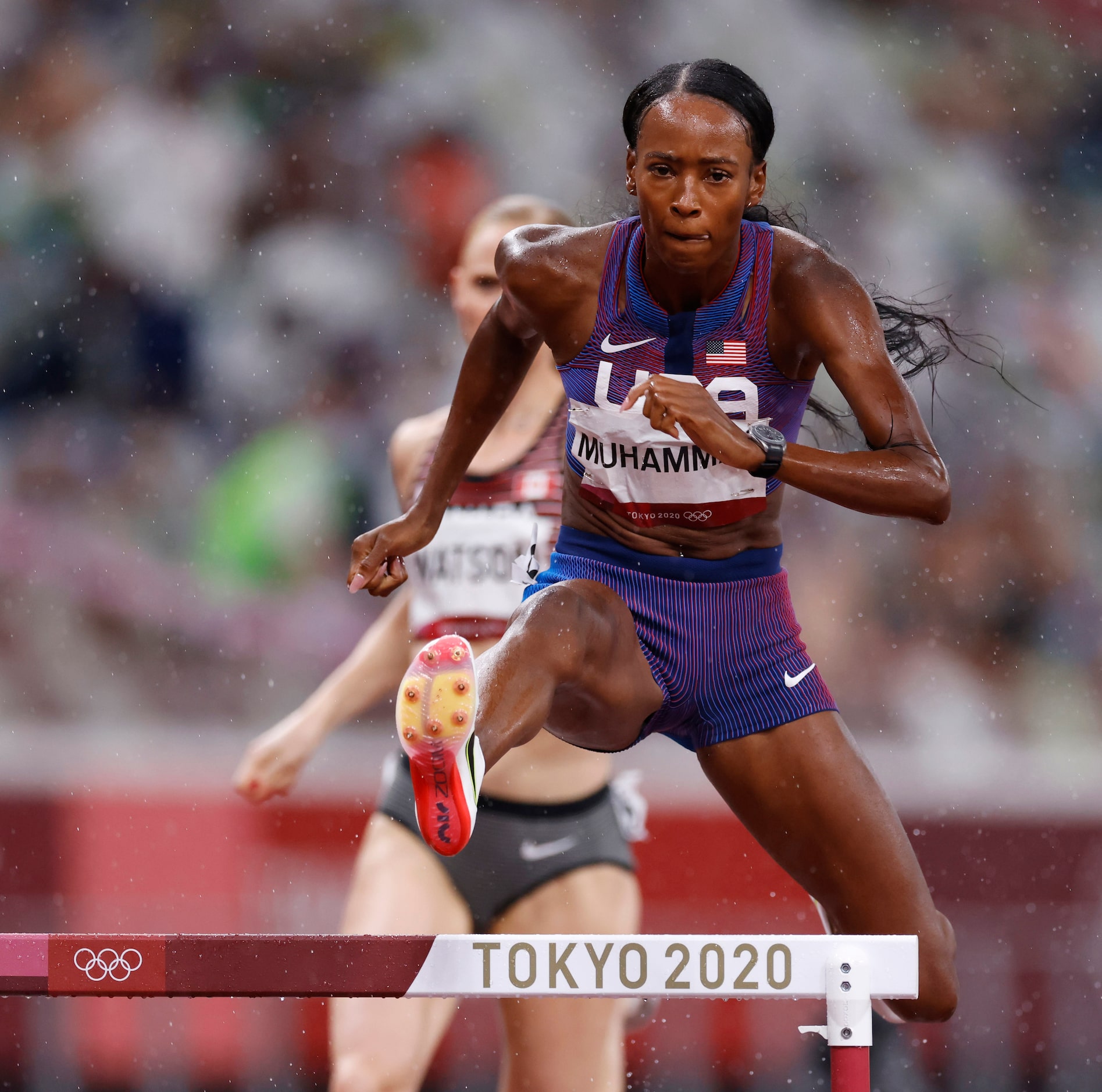 USA’s Dalilah Muhammad competes in the women’s 400 meter hurdles semifinal during the...